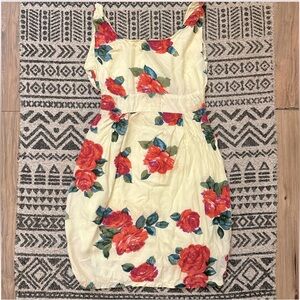 Hennes collection by H & M pale yellow and red floral dress cinched at waist